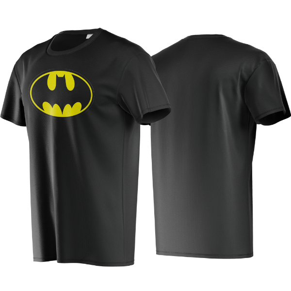 Black t-shirt with yellow Batman logo on a white background