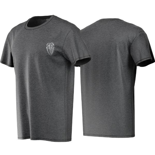 Gray t-shirt with a logo on the chest, shown from front and back views.