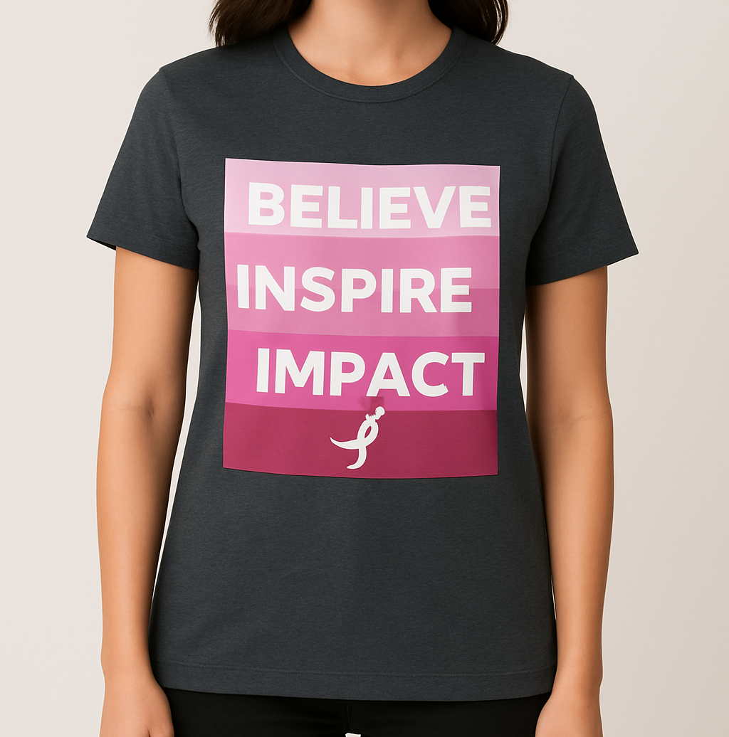 Person wearing a black t-shirt with a pink graphic and text on a plain background