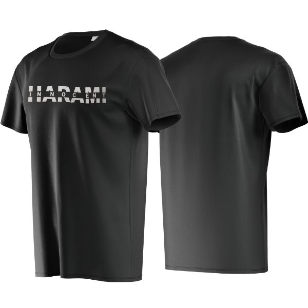 Black t-shirt with 'HARAMI NOCEN' text on a white background