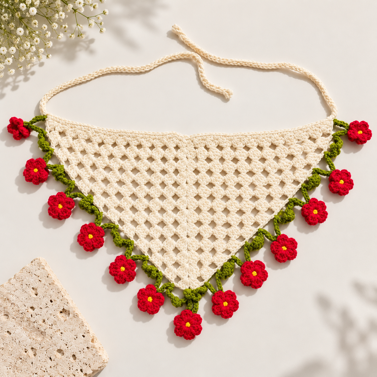 Crochet triangle headscarf, flat-lay product detail