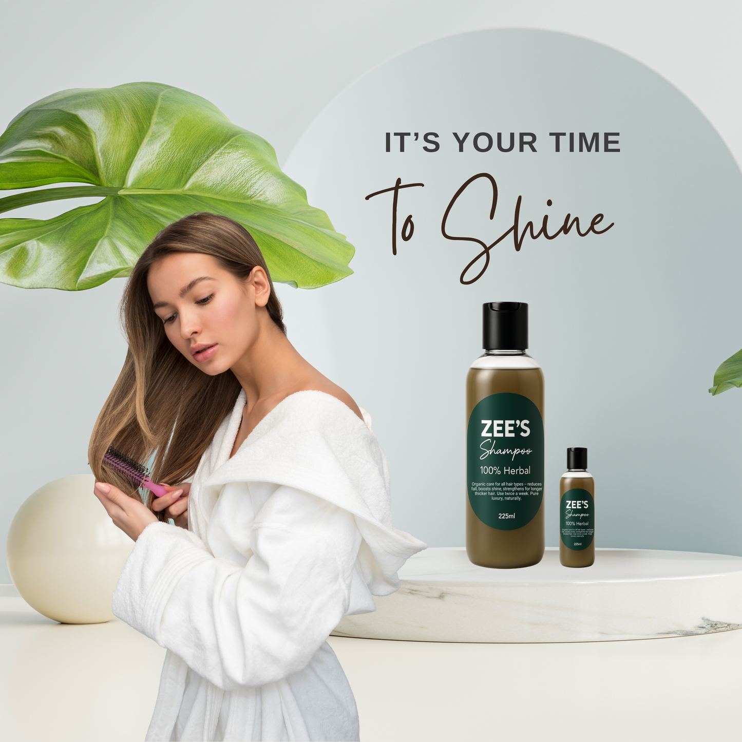 Woman combing her hair with Zee's shampoo and conditioner bottles on a light background