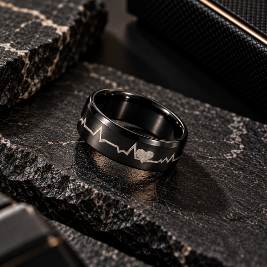 Black Heartbeat Ring with Heart Design