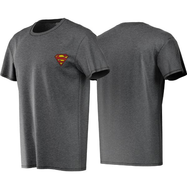 Gray t-shirt with Superman logo on a white background