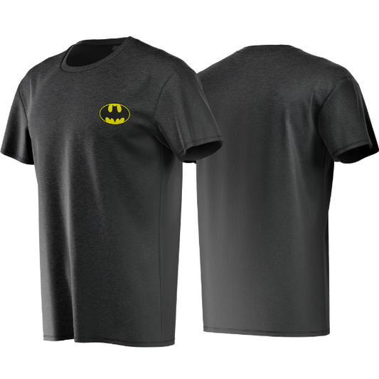 Black t-shirt with yellow Batman logo on the chest, shown from front and back views.
