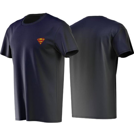 Navy blue t-shirt with Superman logo on a white background