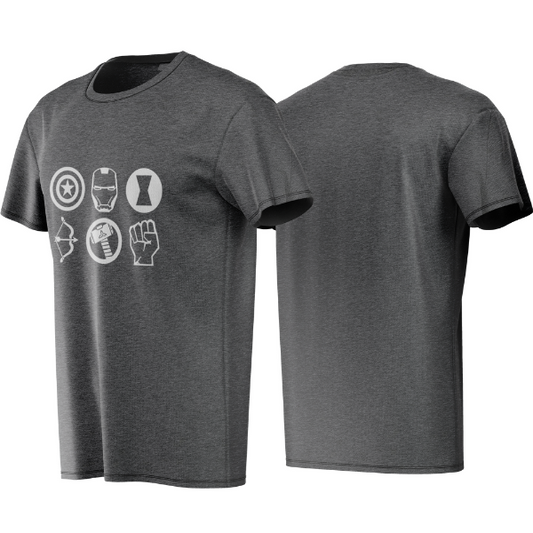 Gray t-shirt with white symbols on a white background