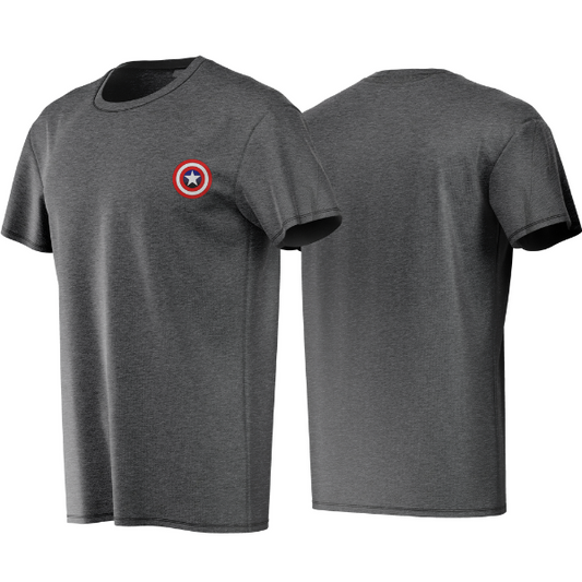 Gray t-shirt with a superhero emblem on the chest, shown from front and back views.