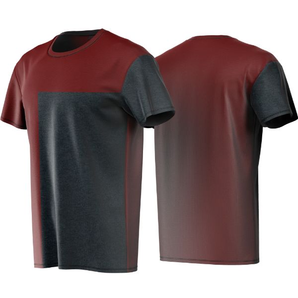 Maroon and black t-shirt shown from front and back on a white background