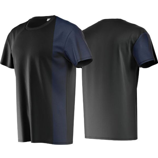 Black t-shirt with blue sleeves on a white background