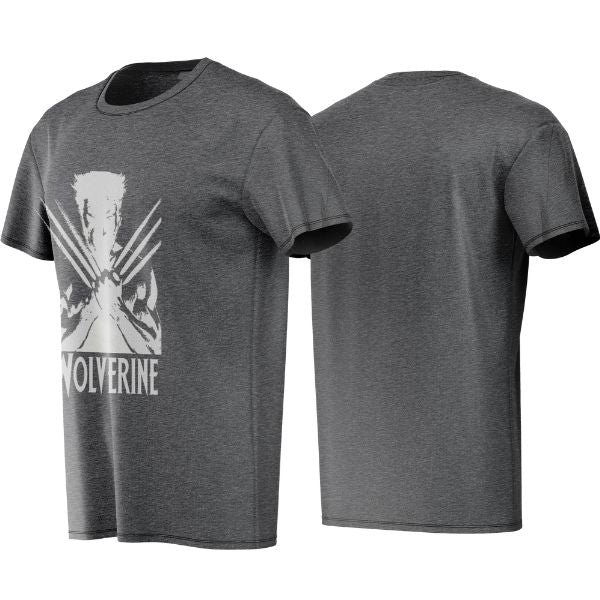 Gray t-shirt with Wolverine graphic on a white background