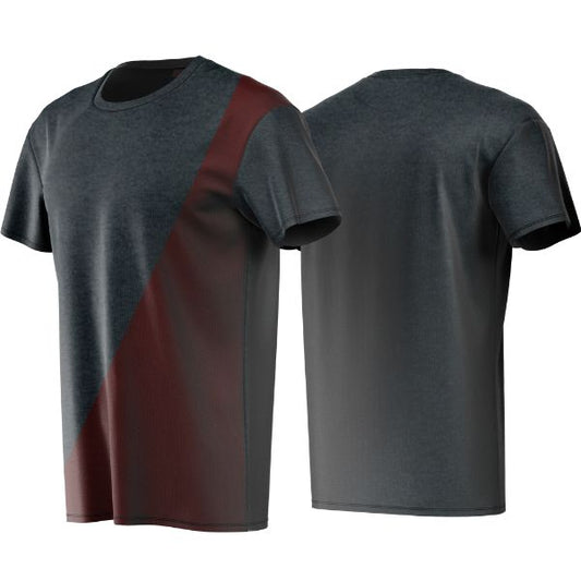 Gray t-shirt with a red and brown diagonal stripe on a white background