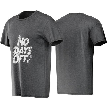 Gray t-shirt with 'No Days Off' text on a white background