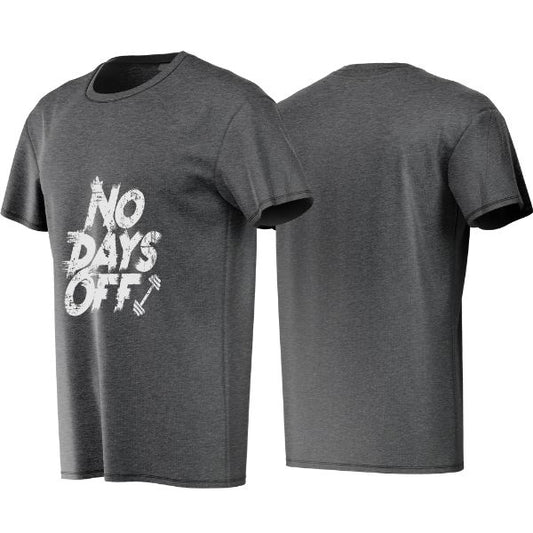 Gray t-shirt with 'No Days Off' text on a white background