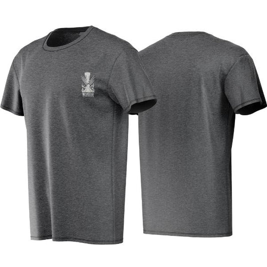 Gray t-shirt with a logo on the chest, shown from front and back on a white background