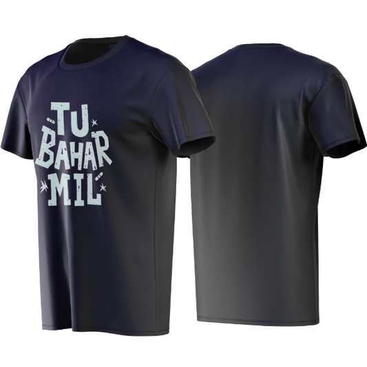 Navy blue t-shirt with white text 'TU BAHAR MIL' on a white background