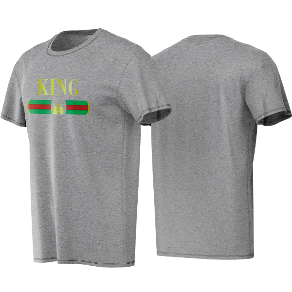 Gray t-shirt with 'KING' and flag design on a white background