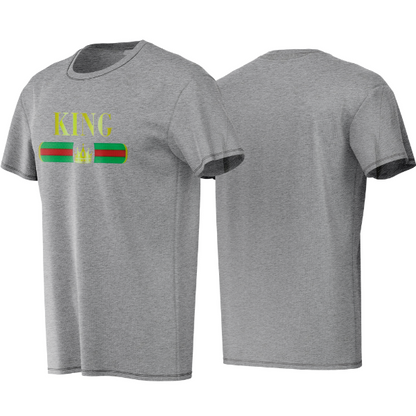 Gray t-shirt with 'KING' and flag design on a white background