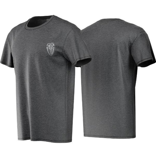 Gray t-shirt with a logo on the chest, shown from front and back views.