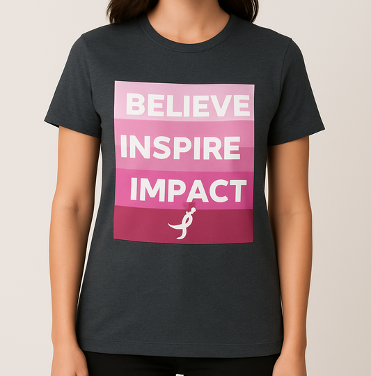 Person wearing a black t-shirt with a pink graphic and text on a plain background