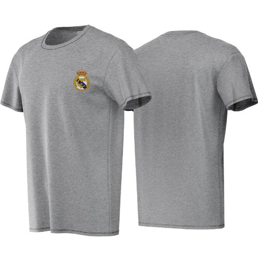 Gray t-shirt with a logo on the chest, shown from front and back on a white background