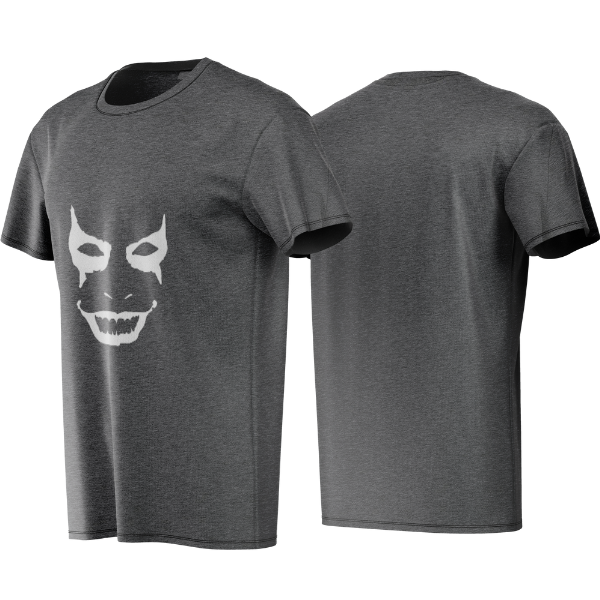 Gray t-shirt with a white graphic design on a white background