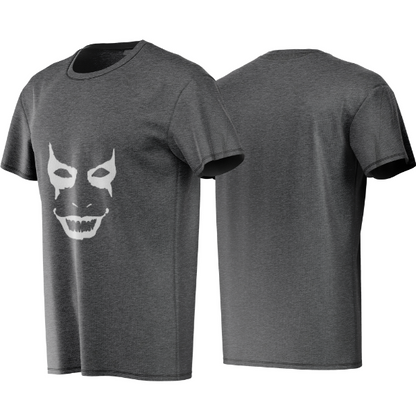 Gray t-shirt with a white graphic design on a white background