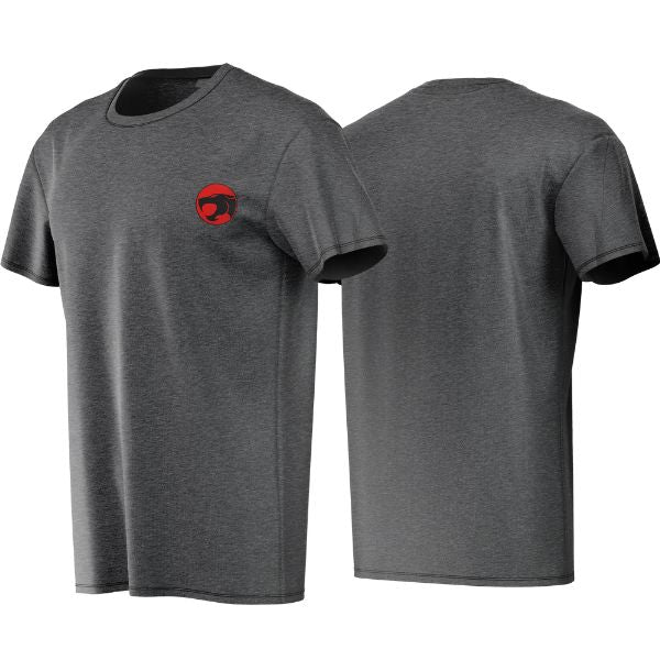 Gray t-shirt with a red logo on the chest, shown from front and back views.