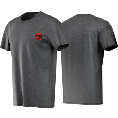 Gray t-shirt with a red logo on the chest, shown from front and back views.