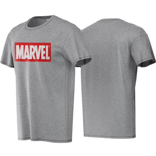 Gray t-shirt with Marvel logo on a white background