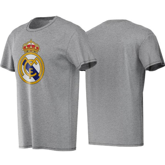 Gray t-shirt with Real Madrid logo on a white background