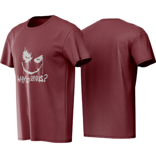 Maroon t-shirt with white graphic and text on a white background