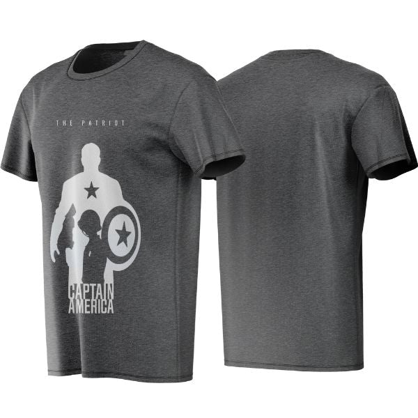 Gray t-shirt with Captain America graphic on a white background