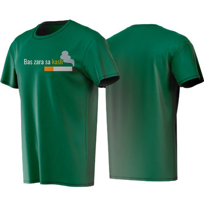 Green t-shirt with text and logo on a white background