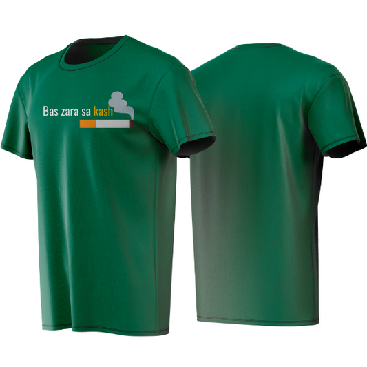 Green t-shirt with text and logo on a white background