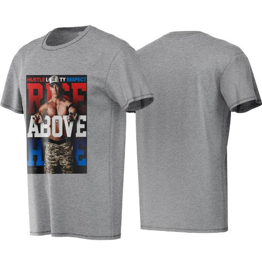 Gray t-shirt with graphic design on a white background
