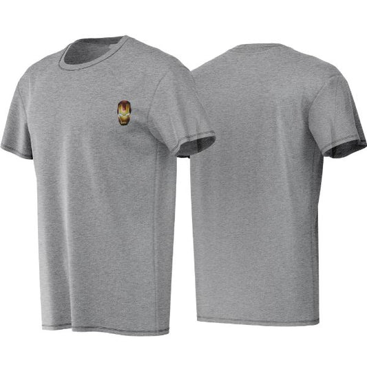 Gray t-shirt with a small logo on the chest, shown from front and back views.
