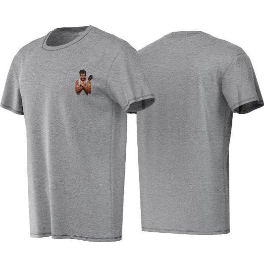 Gray t-shirt with a small graphic on the chest, shown from front and back views.