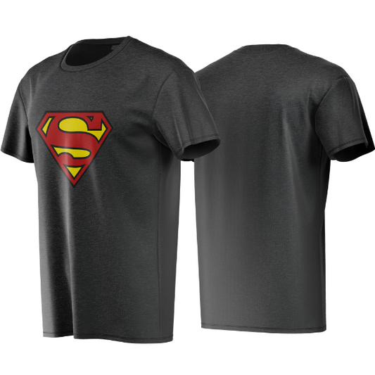 Black t-shirt with Superman logo on a white background