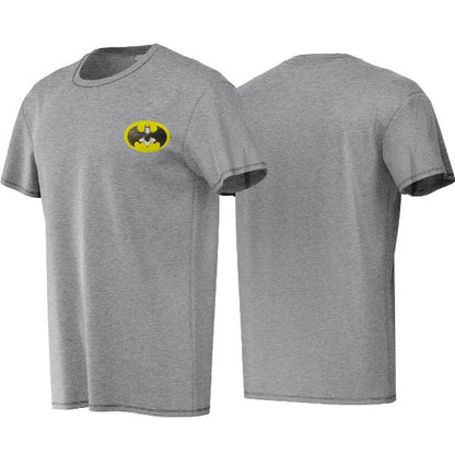 Gray t-shirt with Batman logo on the front, shown from front and back views.