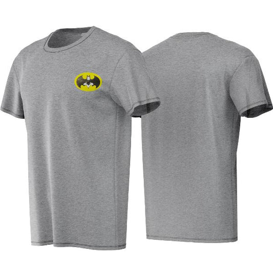 Gray t-shirt with Batman logo on the front, shown from front and back views.