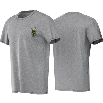Gray t-shirt with a logo on the chest, shown from front and back views.