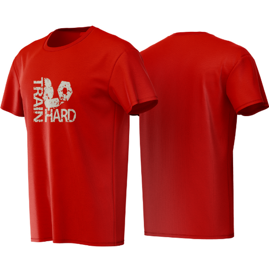Red t-shirt with 'TRAIN HARD' text on a white background