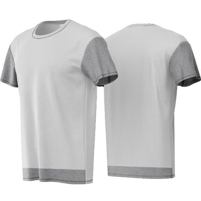 Gray and white t-shirt with color block design on a white background