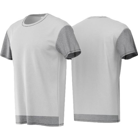 Gray and white t-shirt with color block design on a white background