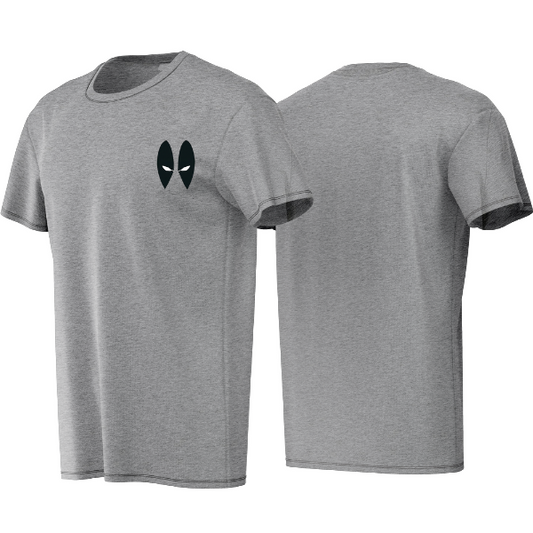 Gray t-shirt with a black symbol on the chest, shown from front and back views.