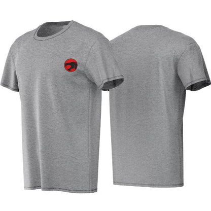 Gray t-shirt with a red and black logo on the chest, shown from front and back views.