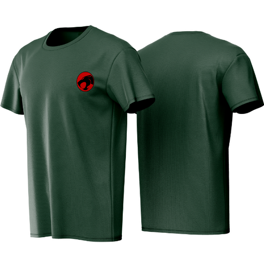 Green t-shirt with a red logo on the chest, shown from front and back views.