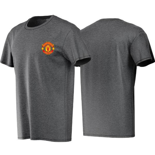 Gray t-shirt with a logo on the chest, shown from front and back views.