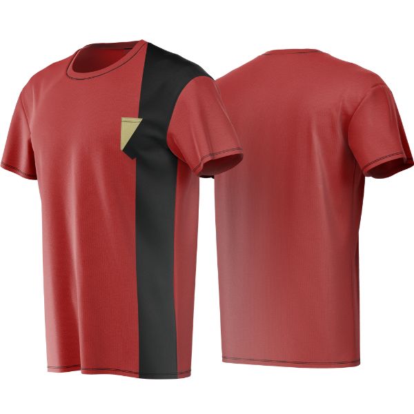 Red t-shirt with black and gold design on a white background